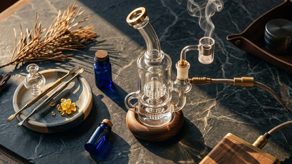 Glass smoking device on a dark surface with decorative elements